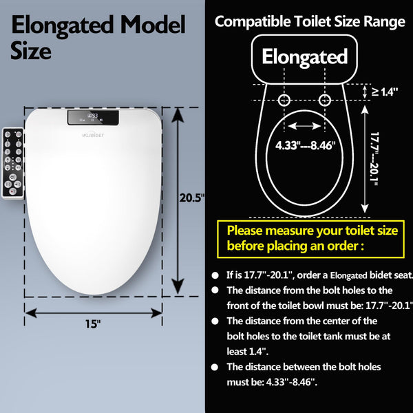 WLJBIDET Elongated Bidet Toilet Seat,Electronic Heated Smart Toilet Seat with Unlimited Heated Water and Warm Air Dryer,Adjustable Temperature,Self-Cleaning Stainless Steel Nozzle,Side Panel Control