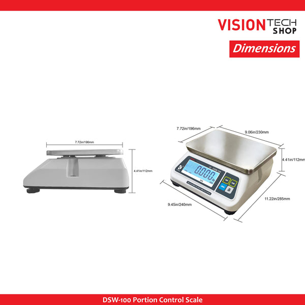 VisionTechShop DSW-100 Portion Scale with Single LCD Display, Stainless Steel Platter, 15lb Capacity, 0.005lb Readability, Lb/Oz/Kg/g Switchable, Low Profile Design, NTEP Legal for Trade COC #22-007