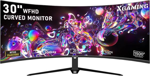 XGaming 30-inch Curved Gaming Monitor WFHD 200Hz, 1ms, 100% sRGB, 1500R, FreeSync Premium, Low Blue Light Eye Care Screen, HDMI DisplayPort Display, Build-in Speakers, VESA Wall Mount