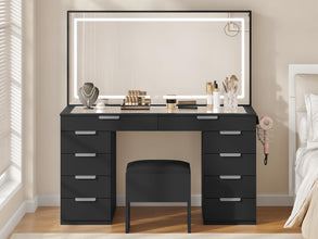 YITAHOME Vanity Desk, Makeup Vanity Set with Large Mirror, 10-Drawer Vanity Table with Power Hub & Hair Dryer Rack, Glass Top with Adjustable 3 Color Modes