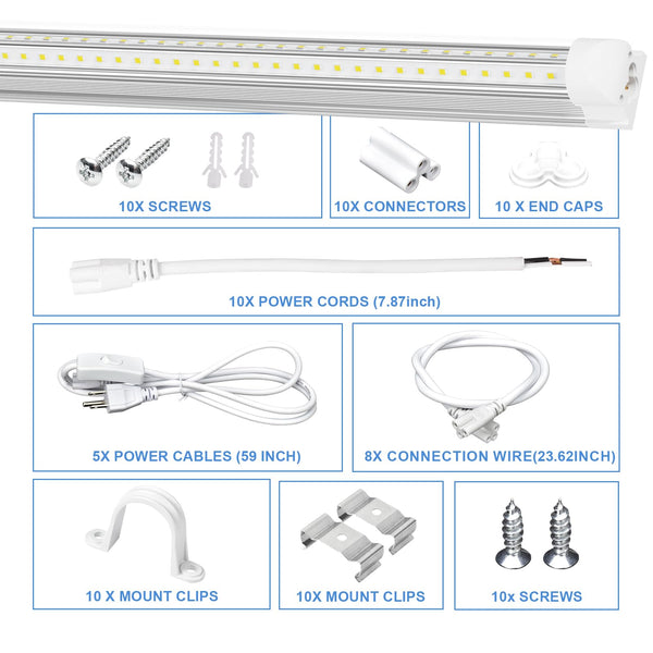 ONLYLUX 5ft LED Shop Light Fixture, Linkable 6500K Daylight White Tube Light, High Output, Double Sided V Shape T8 Integrated 5 Foot Led Bulbs for Garage,Warehouse,Clear Lens 10-Pack