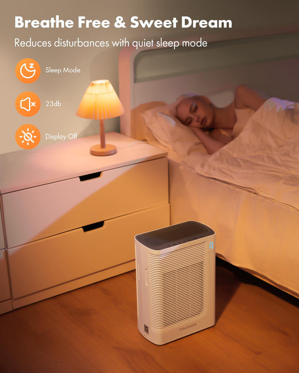 Trucozie Air Purifier for Home Large Room Bedroom Up to 1937 Ft² in 1 Hr With Double-sided Air Inlet, Air Quality and Light Sensors, HEPA Sleep Mode for Allergies, Dust, Smoke, Pet Hair, White