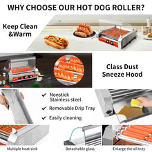 1670W Commercial Hot Dog Rollers,11 Rollers 30 Hotdog Roller Grill,Stainless Steel Hot Dog Machine With Dust Cover,Hot Dog Roller Machine With Dual Temp Control And Led Light/Detachable Drip Tray