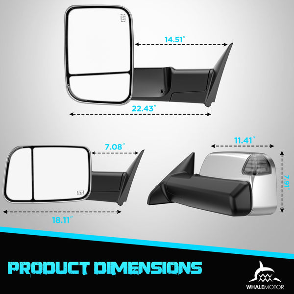 Smoked Power Heated Tow Mirrors Compatible with 2009-2018 Dodge Ram 1500, 2010-2018 2500 3500, 2019-2024 1500 Classic Flip Up Extended Trailer Towing Side Mirrors with Puddle Light, Chrome Housing