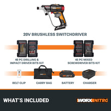 WORX Nitro 20V SwitchDriver 2.0 with 85 pc Accessory Kit, 2-in-1 Brushless Cordless Drill Driver, Drill Set Rotatable Dual 1/4