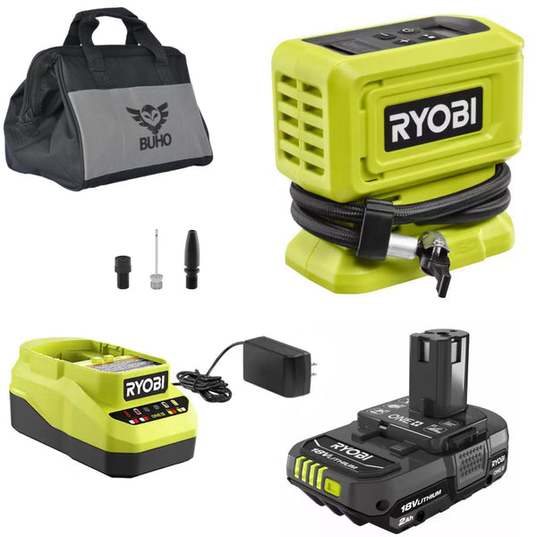 Buho Cordless Inflator Accessory Bundle - Ryobi 18 Volt High Pressure Inflator 2.0 Ah Battery 18V Charger Tool Bag for Tires and Inflatables