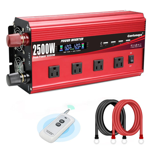 Cantonape 2500W Power Inverter 12V to 110V DC to AC with LCD Display, Remote Controller 4 x AC Outlets and 4 x 3.1A USB Car Adapter for Car Truck Boat RV Solar System