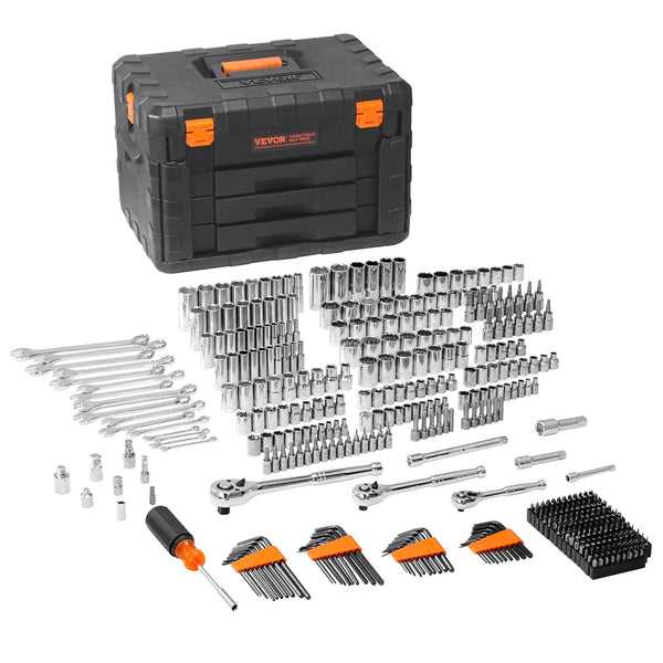 VEVOR Mechanics Tool Set and Socket Set, 1/4" 3/8" 1/2" Drive Deep and Standard Sockets, 450 Pcs SAE and Metric Mechanic Tool Kit with Bits, Combination Wrench, Hex Wrenches, Accessories, Storage Case