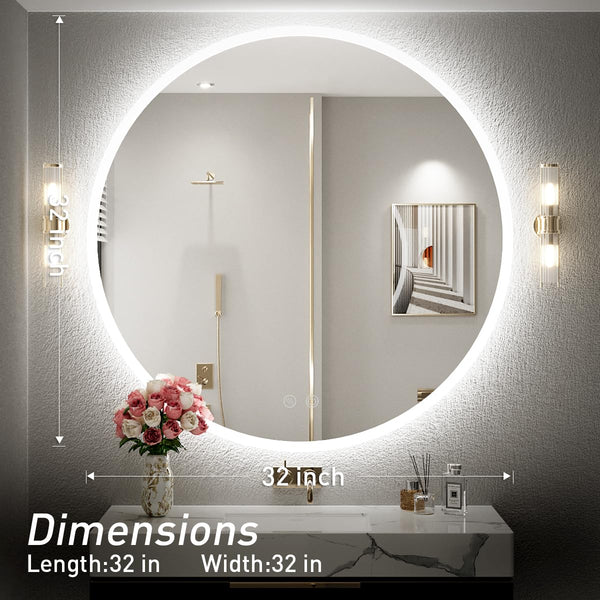 FTOTI 32 Inch Round LED Mirror for Vanity,Lighted Bathroom Mirror,Wall Mounted Round Mirror with Lights,Frameless,6000K, Anti-Fog&Dimmable, Touch Switch and IP54 Waterproof