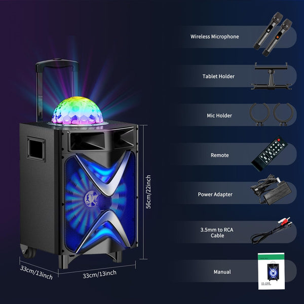 VeGue Karaoke Machine for Adults & Kids, Bluetooth Speaker PA System with 2 Wireless Microphones, 10'' Subwoofer, Disco Ball LED Light, Singing Machine for Home Karaoke, Party, Church (VS-1088)