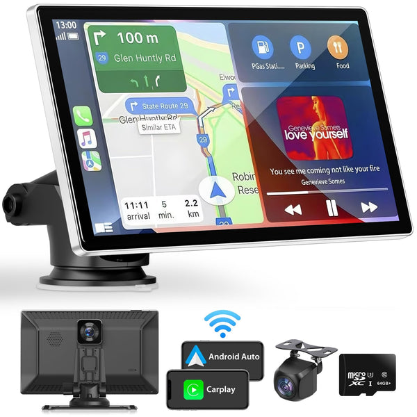 Madoec Portable Apple Carplay Screen for Car, 9" Wireless Apple Carplay & Android Auto,4K Dash Cam,1080p Backup Camera DVR,Car Audio Receivers GPS Navigation Mirror Link, Bluetooth,FM, Siri