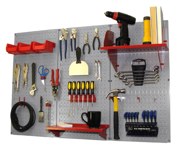 Wall Control Pegboard Organizer 4 ft. Metal Pegboard Standard Tool Storage Kit with Gray Toolboard and Red Accessories