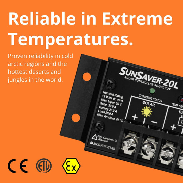 Morningstar SunSaver 20A PWM Solar Charge Controller (SS-20L-12V) - Solar Panel Regulator for 12V Batteries, Four Stage Battery Charging, LVD, HazLoc Rated, Low Noise, 5 Year WTY - Designed in the USA