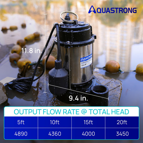 AQUASTRONG 3/4 HP Sump Pump Submersible, 4890 GPH Stainless Steel and Cast Iron Sump Pump, Automatic Float Switch with Piggy-back Plug,1-1/2" NPT Discharge Subpumps for Basement and Flooding Area