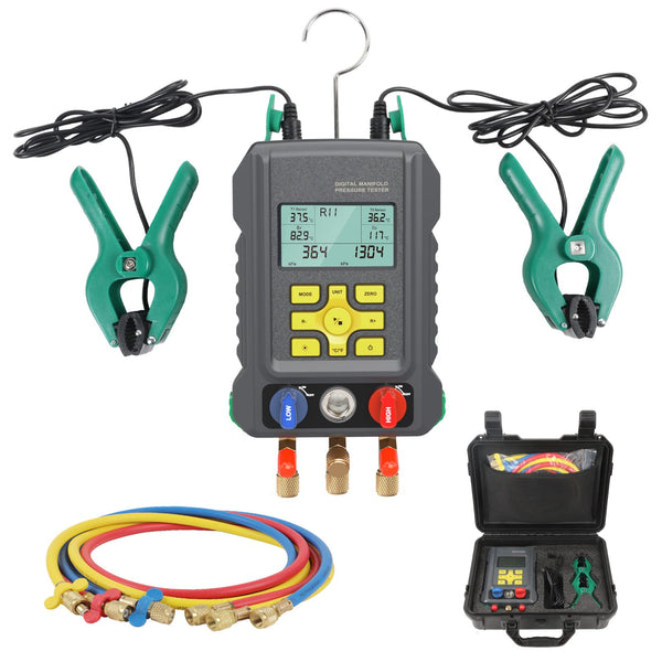 HVAC Gauges Digital Manifold Gauges Set, 93 Refrigerants, Pressure and Temp Test, HVAC Tools with 2 Temperature Clamps and 3 Hoses, A/C Refrigeration Kit for R134A 1234YF R22 R12 R404A R410A, etc