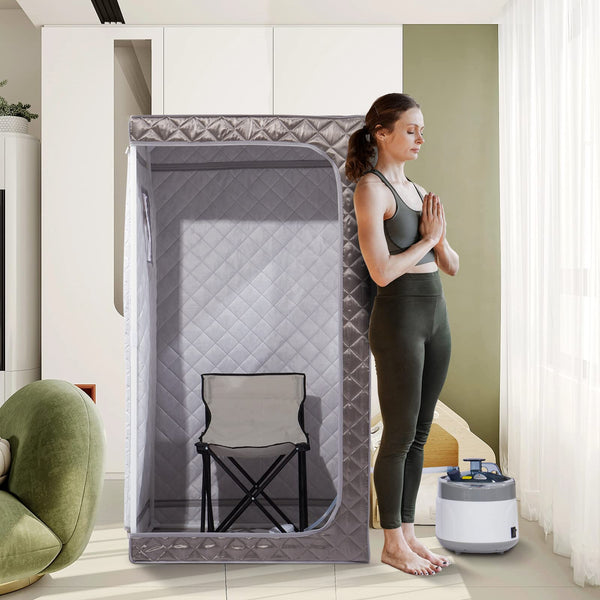 Smartmak Full Size Portable Sauna Kit, 4 L Steamer with Remote Control, Personal Steam Sauna Full Body Spa Room for Home Relaxation Detox Therapy, Chair is Included (L 33.9" * W 33.9" * H 65.8", Grey)