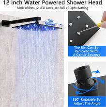 SKOWLL Shower Faucet Set Rainfall Shower Head LED Shower Faucet Overhead Shower System Black Shower Head and Handle Set Wall Mount 12 Inch with 2 Function Shower Valve Kit, Matte Black