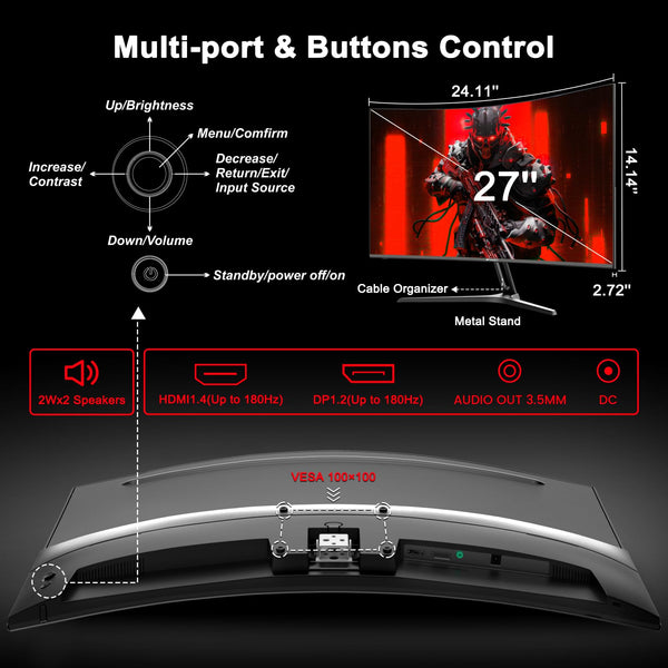 SANSUI 27 Inch Curved Gaming Monitor 180Hz 1ms with Speakers FHD 1080P Computer Monitor FreeSync|1500R|130% sRGB|HDR|Low Blue Light|HDMI DP Ports|VESA Mount|Metal Stand(ES-G27C1 HDMI Cable Included)