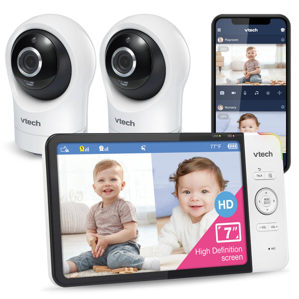 VTech RM7764-2HD Smart WiFi 2 Camera BabyMonitor, 360° Pan&Tilt, 10X Zoom, 7” HD Display & NightVision, Soothing Sounds, 2-Way Talk, Temperature & Motion Detection