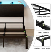 Feonase Full Size Bed Frame with Ergonomic Storage Headboard & Charging Station, LED Platform Bed Frame, Heavy Duty Metal Slats, No Box Spring Needed, Easy Assembly, Black