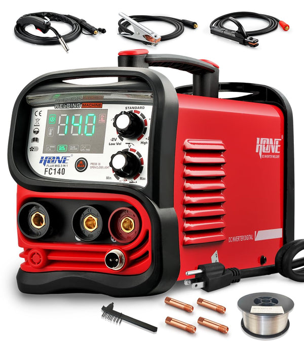 HONE Flux Core Welder, Actual 140Amp MIG Welder 110V, 3 in 1 Synergic Gasless Wire Welder/Stick Welder/Lift TIG Welding Machine, IGBT Inverter with Large LED Display and 2lb Welding Wire.