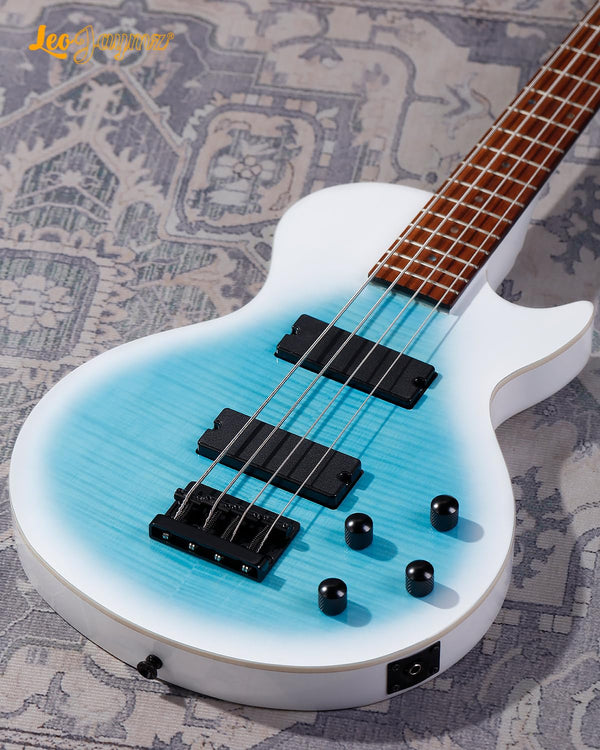 Leo Jaymz SC 4 String 34" Scale Electric Bass, 22 Frets, Mahogany Body and Maple Veener, Maple Neck, Rosewood Fingerboard, H-H Pickups, Glossy Finish (SC Flame Blue)