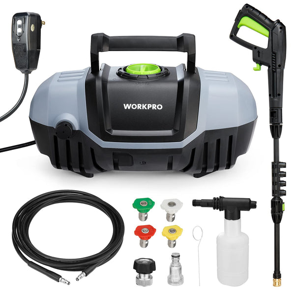 WORKPRO Compact Pressure Washer, 1900 Max PSI 1.8 GPM 12-Amp Electric High Pressure Washer with 4 Nozzles, Soap Applicator and Pressure Washer Hose, Power Washer Cleans Cars/Garden/Fences/Patios