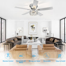 Breezary 52 inch Flush Mount Ceiling Fans with Lights Remote Control, 5 Reversible Blades Indoor Low Profile Crystal Lighting Chandelier Ceiling Fans for Bedroom