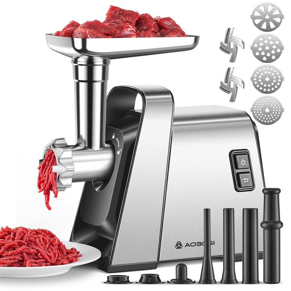 AAOBOSI Meat Grinder Electric, [3000W Max] Meat Grinder Heavy Duty with 2 Stainless Steel Blades & 4 Grinding Plates, Sausage Maker & Kibbe Kit for Home Kitchen Using