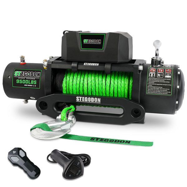 STEGODON Winch 9500lb Winch 12V Waterproof Electric Winch Synthetic Rope Winch with Wireless Remote and Corded Control for Truck SUV Jeep Wrangle (Green Rope)