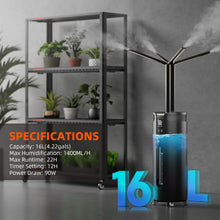 Spider Farmer Humidifier for Large Room 16L Plant Humidifiers with Multi-Channel Hoses and Extension Tube Temp & Humidity Probe 4 Cool Mist Mode 1400ml/h Output Quiet for Bedroom Grow Tent Indoor