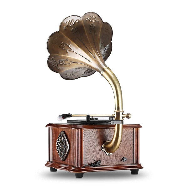 LuguLake Record Player Retro Turntable All in One Vintage Phonograph Nostalgic Gramophone for LP with Copper Horn, Built-in Speaker 3.5mm Aux-in/USB