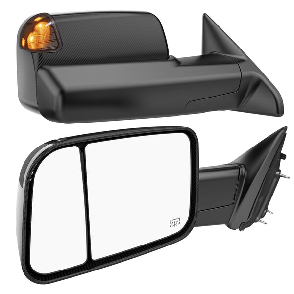 Smoked Power Heated Tow Mirrors Compatible with 2009-2018 Dodge Ram 1500, 2010-2018 2500 3500,2019-2024 1500 Classic Flip Up Extended Trailer Towing Side Mirrors with Puddle Light, Carbon Gray Housing