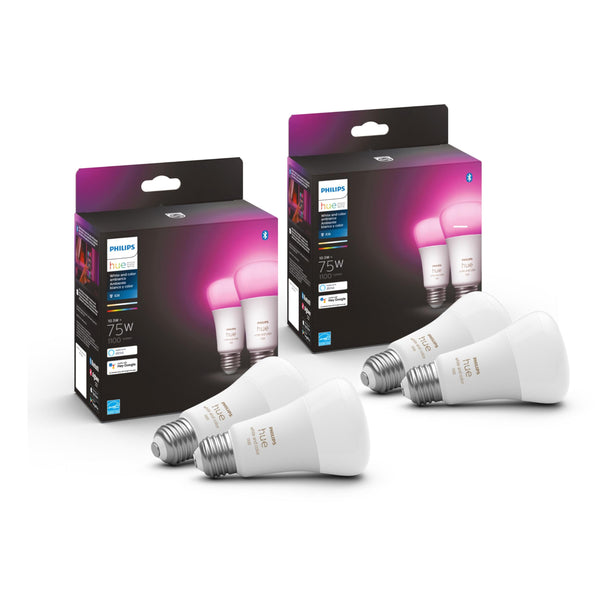 Philips Hue 75W A19 White and Color Ambiance LED Smart Color-Changing Bulb - Pack of 4 - E26 Indoor - Control with Hue App - Compatible with Alexa, Google Assistant, and Apple Homekit