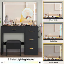 DWVO Makeup Vanity with Mirror, LED Lights Vanity Desk with Power Outlet, Vanity Set with 4 Drawers, Brightness Adjustable, Ample Storage Dressing Table with Cushioned Chair for Bedroom, Coal Black