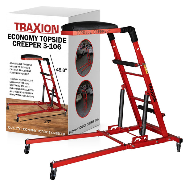 Traxion New Quality Economy Topside Creeper 3-106 with expanded Metal Steps and Velcro Stomach Pads with Tool Loops