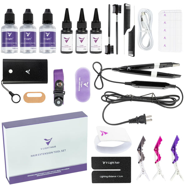 V Light Hair Extensions Kit V-Light Extension Machine V-Light Extension Remover Machine .V-Light Glue 20g * 3 v Light Glue Remover Solution 20ml * 3 (Black machine set)