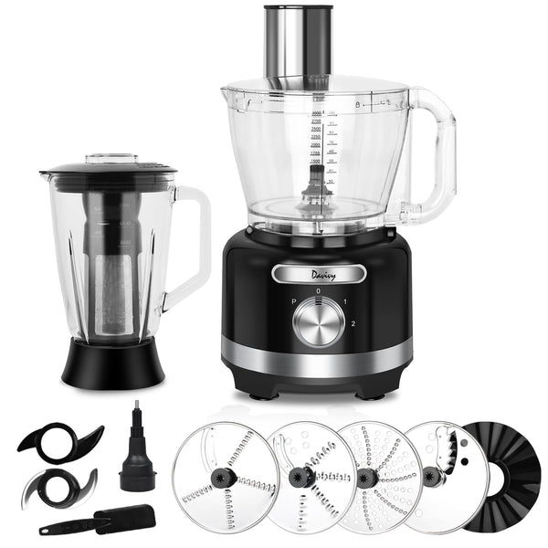 Davivy 16 Cup Food Processor Blender Combo,10-in-1 Multifunction 3.8L Meat Processor Bowl 6 CUP(50 oz) Glass Blender & Filter,600W with 2 Speeds Plus Pulse Vegetables Chopper for Home Use,Black