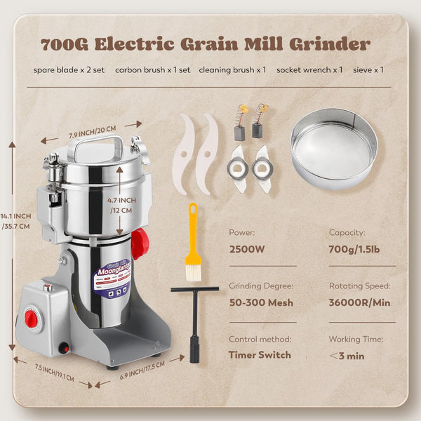 Moongiantgo 700g Grain Mill Grinder Commercial Spice Grinder 2500W Stainless Steel Electric Pulverizer Dry Grinding Machine for Wheat Corn Rice Pepper Herbs Coffee Beans (700g Swing, 110V)