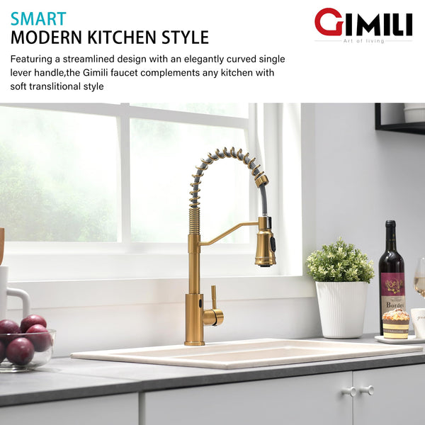 GIMILI Gold Touchless Kitchen Faucet with Pull Down Sprayer, Brushed Brass Motion Sensor Smart Hands-Free Activated Single Hole Spring Faucet for Kitchen Sink