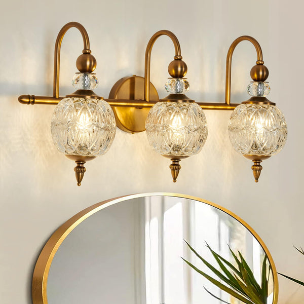 Piepooye Vintage Bathroom Light Fixtures Gold Vanity Light with Glass Globe LampShade 3 Lights Mid Century G9 Bulb Wall Sconce Indoor Vanity Light Over Mirror for Kitchen Bedroom Farmhouse Living Room