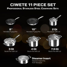 Ciwete Stainless Steel Nonstick Pots and Pans Set - 11PC, 18/10 Triple Ply Stainless Steel Induction Cookware Set, Kitchen Cookware Sets with Steamer Insert/Stay-Cool Handles, Dishwasher Safe