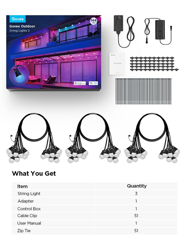 Govee Smart Outdoor String Lights 2, 144ft Outdoor Lights with Dimmable Warm White LED Bulbs, 47 Scene Modes for Patio, Backyard, Balcony, IP65 Waterproof, Works with Alexa, App Control