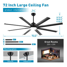 72 lnch lndustrial Celing Fan with Light and Remote Control,Large Celing Fan with 8 Black Aluminum Blades,6 Speed Noiseless DC Motor,Wet Rated Indoor Outdoor Ceiling Fans for Patio,Garage,exterior