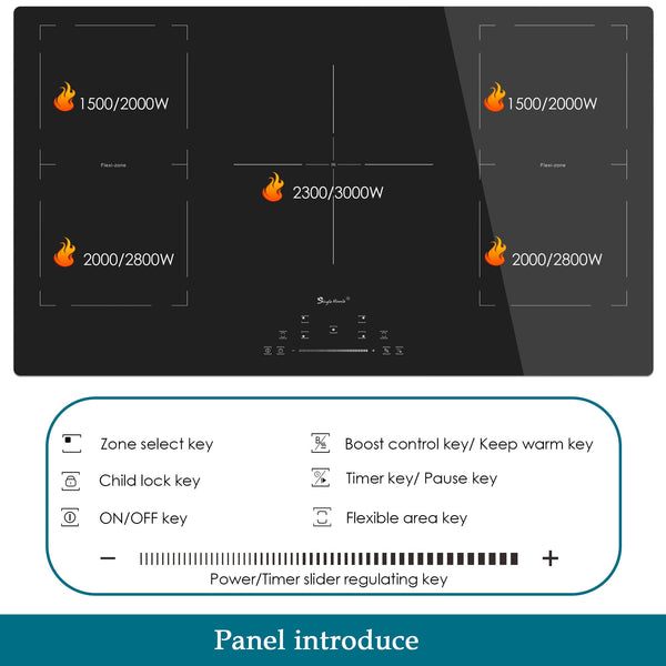 36 Inch Induction Cooktop 5 Boost Burners, Built-in Electric Stove Top Cooker with Double Flexi Zone, 9 Power Levels, Keep Warm Function, Timer, Child Safety Lock, 220-240V, 9000W