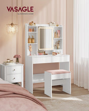 VASAGLE Vanity Desk with Power Outlets, Makeup Vanity with Mirror and Lights, Upholstered Vanity Stool, Dimmable LED Lights, 6 Compartments, 2 Drawers, for Bedroom, Cloud White URDT031W01