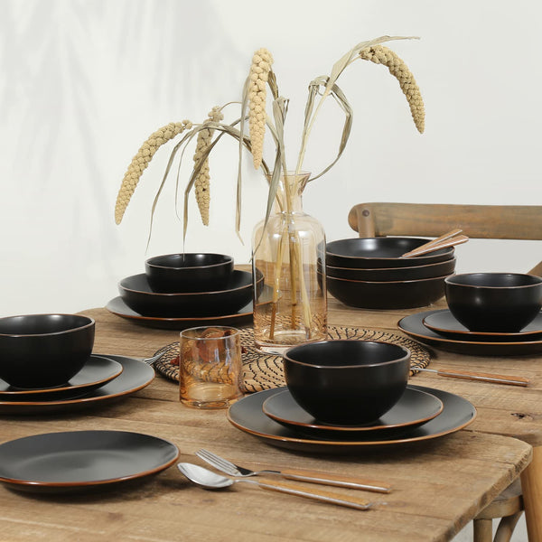 Stone Lain Brasa Modern Stoneware 32 Piece Dinnerware Sets, Plates and bowls Sets, Dish Set for 8, Black