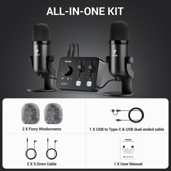 TONOR ASMR Microphone Equipment Bundle with Audio Interface, Immersive 3D Stereo Audio, Dual Condenser Mics with Audio Mixer, Clear Sound, Volume Control, with Furry Windscreens, Set for ASMR, Black