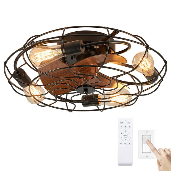 LUDOMIDE Caged Ceiling Fan Light with Remote, 21" Small Flush Ceiling Light with 3 Enclosed Blades and 6 Wind Speeds for Bedroom, Living Room