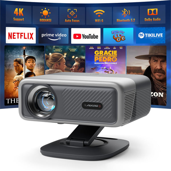 [Netflix Officially&AI Auto Focus]AuKing Smart Projector with Wifi and Bluetooth,Auto Focus&Keystone Projector 4K, 3D DoIby Audio, 800ANSI Outdoor Projector with Omnidirectional Rotating Stand(Grey)